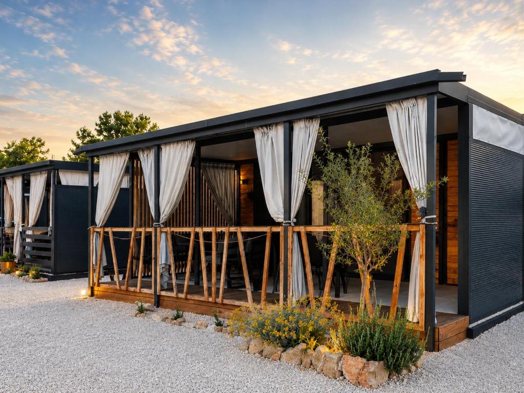 a black house with white curtains on it at Mobile homes Laguna, beach Porat, Drage in Drage