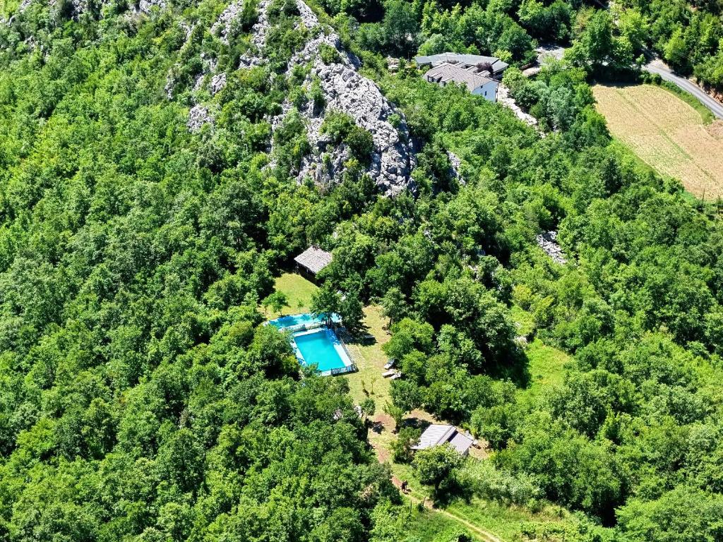 an aerial view of a house with a swimming pool in a forest at Baven -Toven Naturae in Rubik