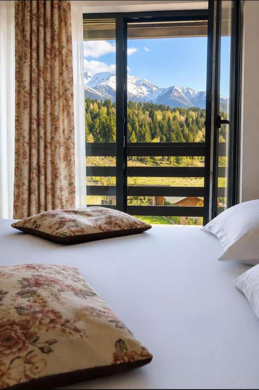 a bedroom with a bed and a window with a view at Pensiunea Alex in Borsa