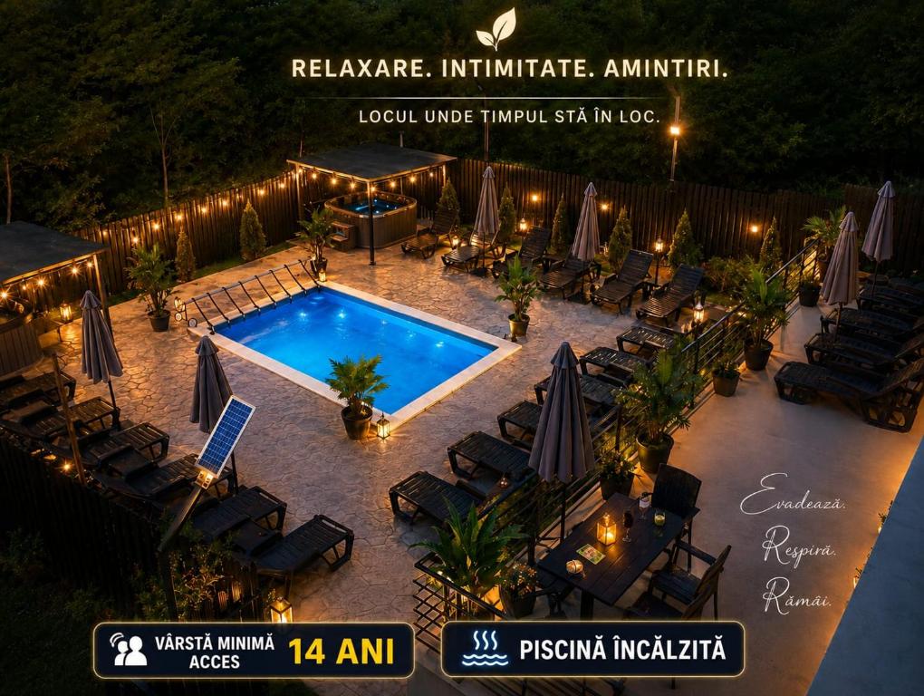 an overhead view of a pool with chairs and umbrellas at GREY VILLAS in Călimăneşti