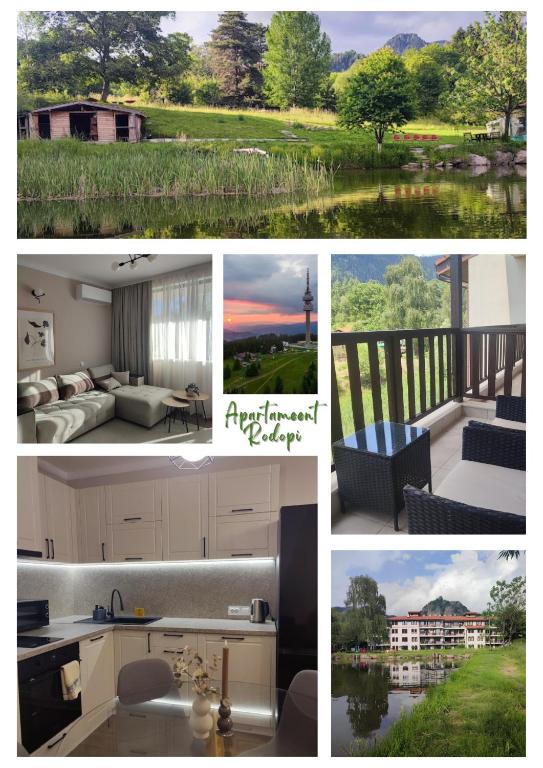 a collage of photos of a house and a kitchen at Апартамент "Rodopi" с Гледка към Езеро Безплатен Подземен Гараж in Smolyan