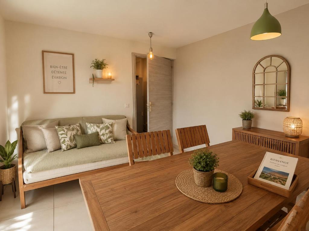 a living room with a couch and a table at Appart Orangers in Les Orangers