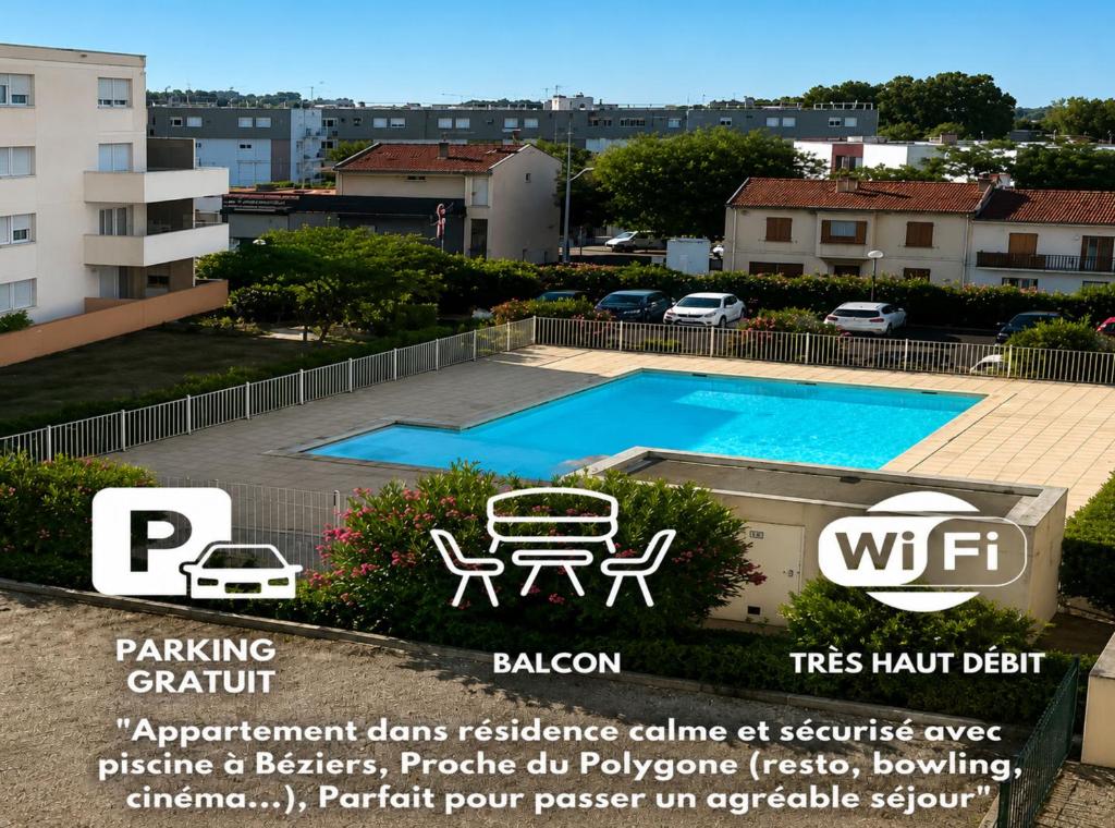 a advertisement for a resort with a pool and a picnic table at L'Etoile Biterroise - Location appartement de vacances - Béziers in Béziers