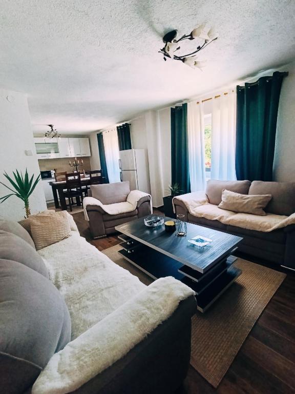 a living room with two couches and a coffee table at Apartman Soldat in Šipovo