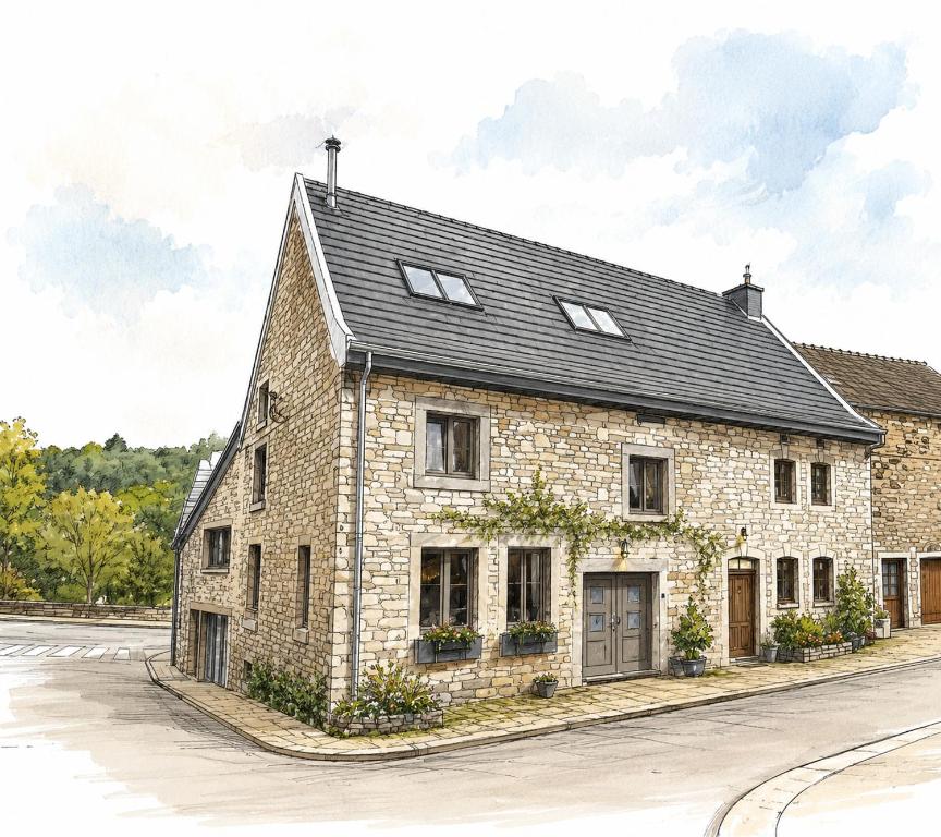 an artists rendering of a stone house at Le petit Broux in Aywaille
