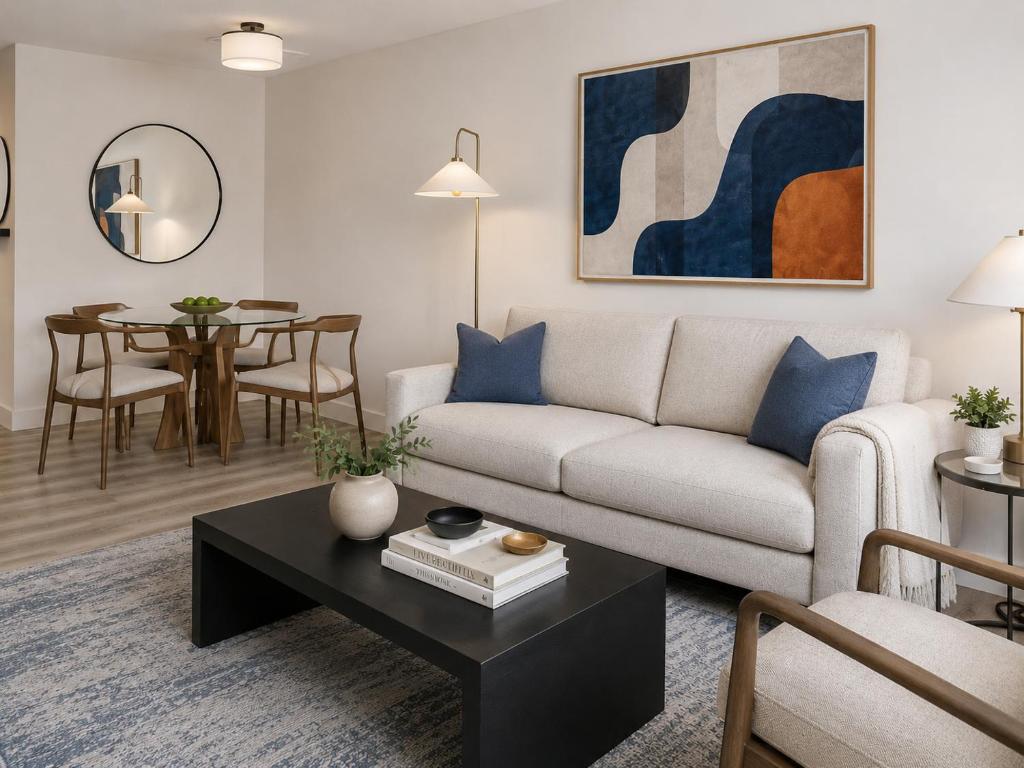 a living room with a couch and a table at Global Luxury Suites at Georgetown in Washington, D.C.