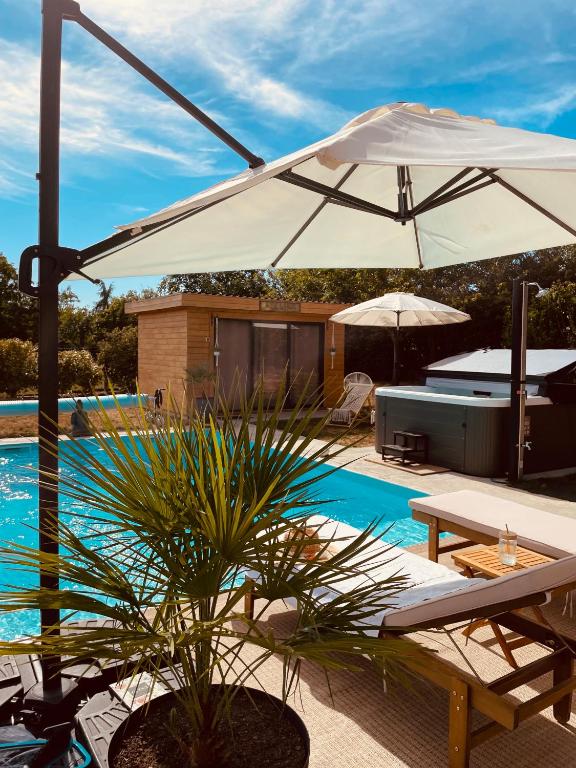 a patio with an umbrella and a pool at O'Manava Lodge & Bien-Etre in Virac