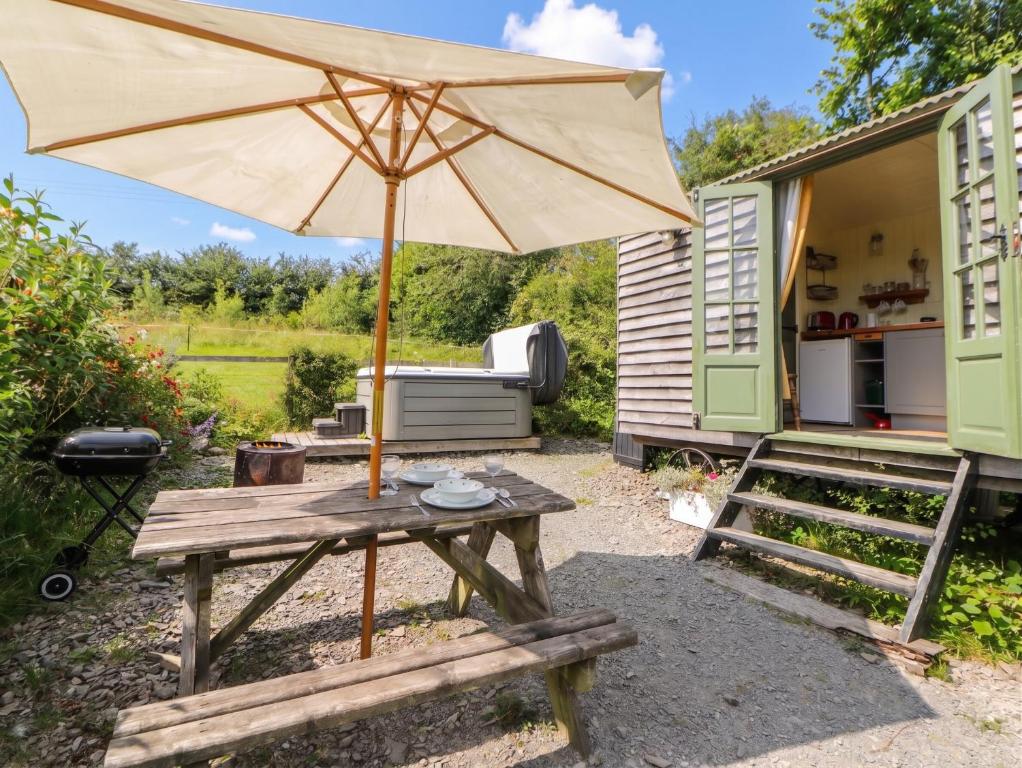 a picnic table with an umbrella and a grill at The Three Spaniels Shepherds Hut in Llanybyther