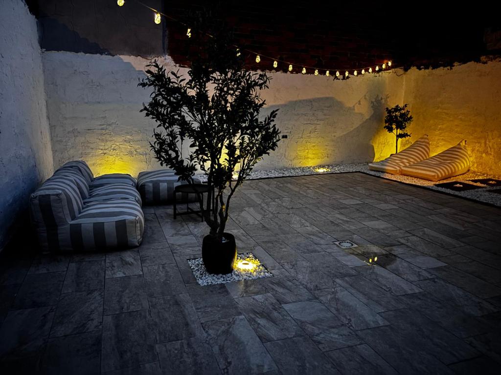 a living room with a couch and a tree in a room at Villa Calhia in León