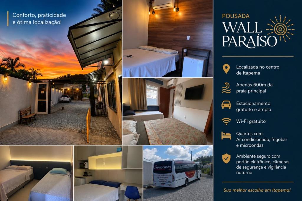 a collage of photos of a hotel room with a poster at Pousada Wall Paraíso in Itapema