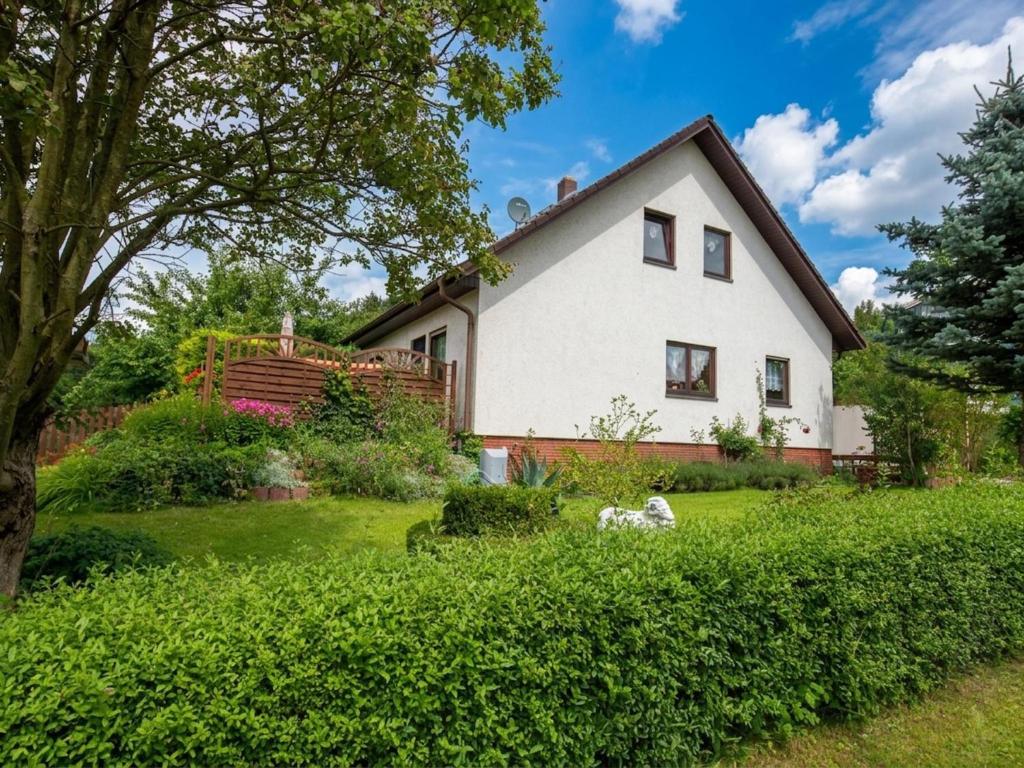 a white house with a garden in front of it at Am Sonnenblick in Werda