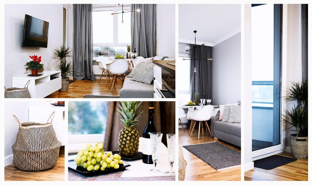 een collage van foto's van een woonkamer en een eetkamer bij Apartamenty Grażyna Słodowiec in Warschau