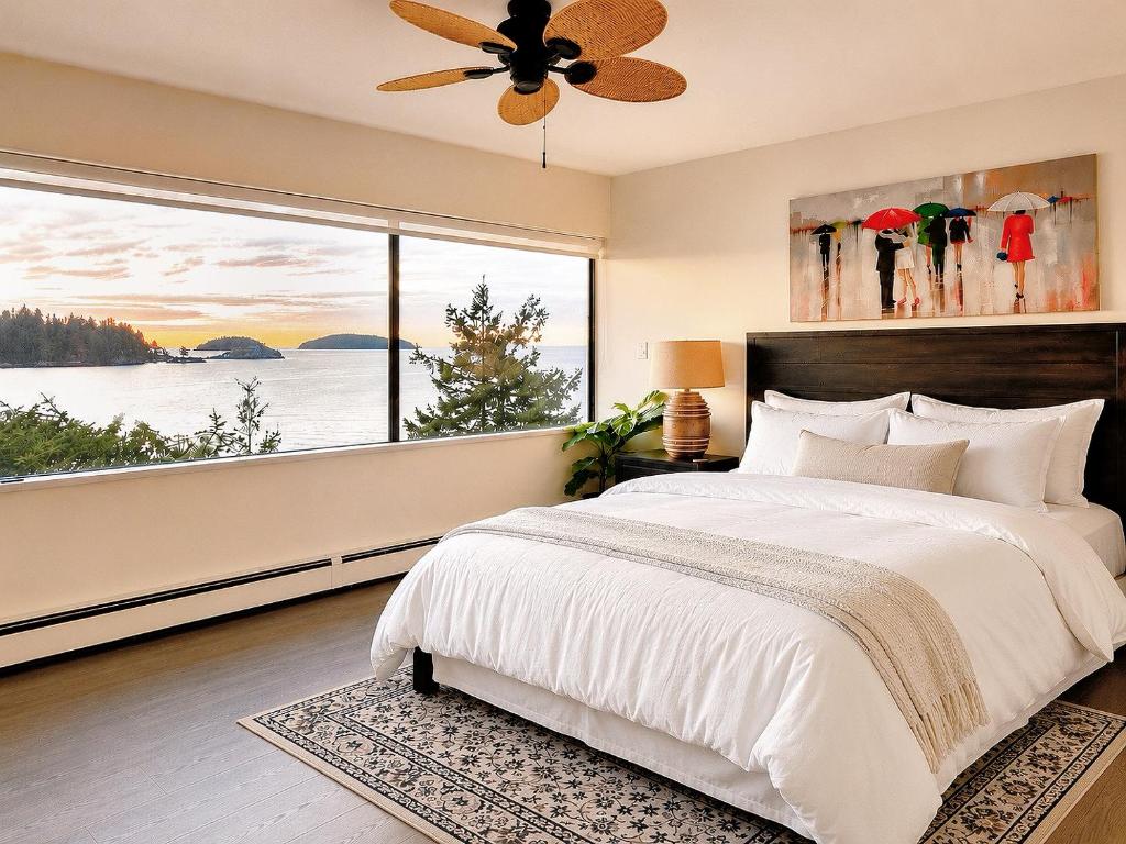 a bedroom with a large bed and a large window at Oceanfront Escape with Private Bath and Beach Access in Gibsons