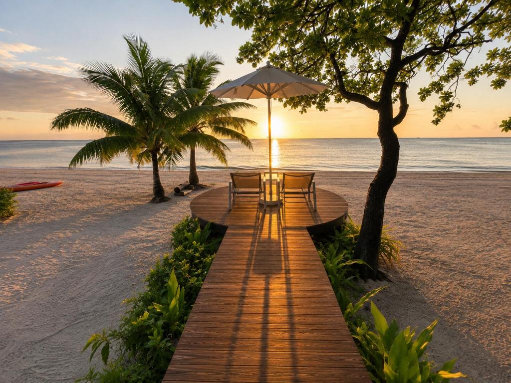 a wooden pathway to the beach with benches and an umbrella at Aitutaki Escape Resort & Spa in Arutanga