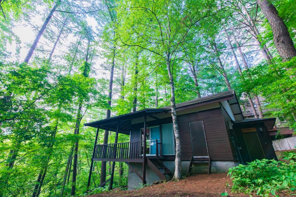 a cabin in the woods with a balcony at Luminous Komoro in Komoro