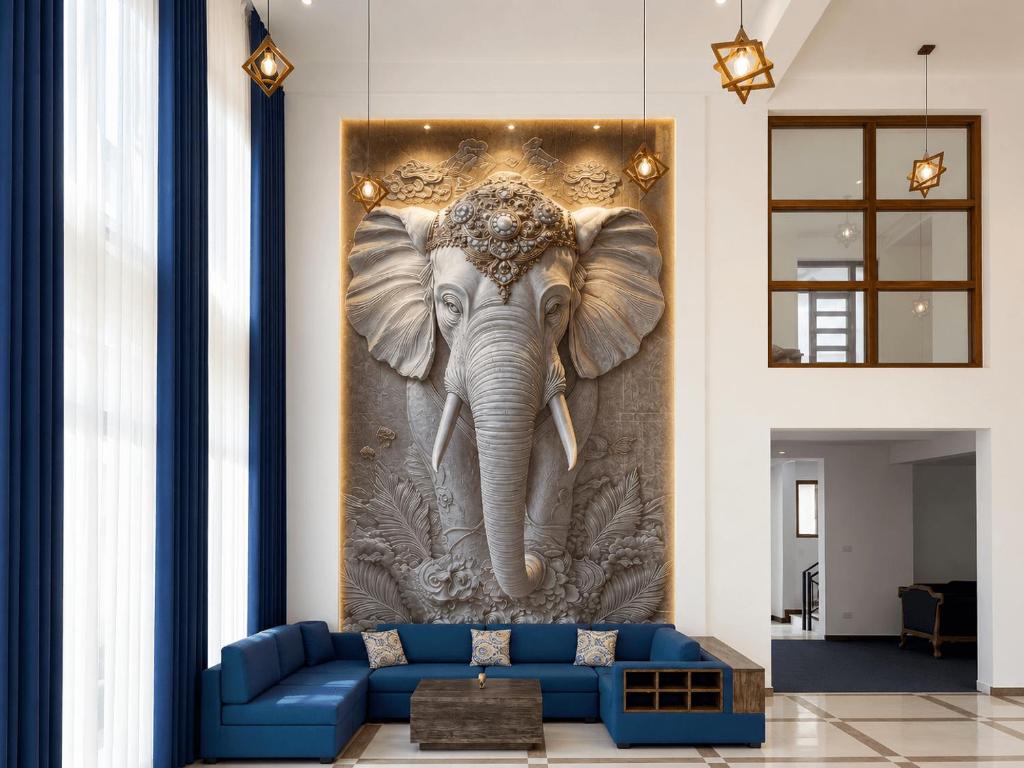 a living room with an elephant painting on the wall at Hasthi Boutique in Kandy