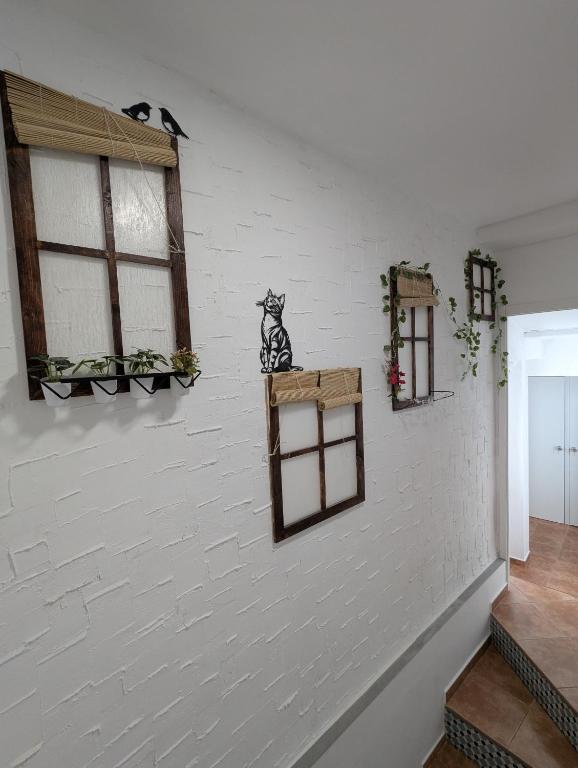 a white brick wall with a cat on a shelf at Ca TONI in Daimuz