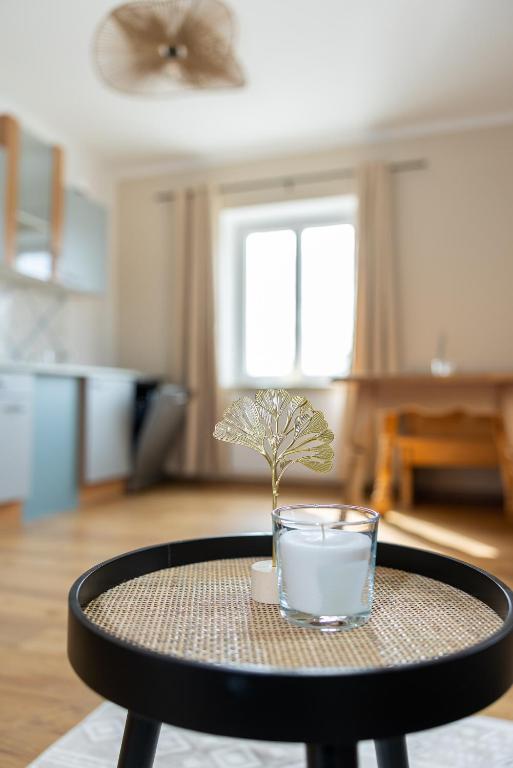 a small plant in a glass on a table at Apartment Camping Melk in Melk