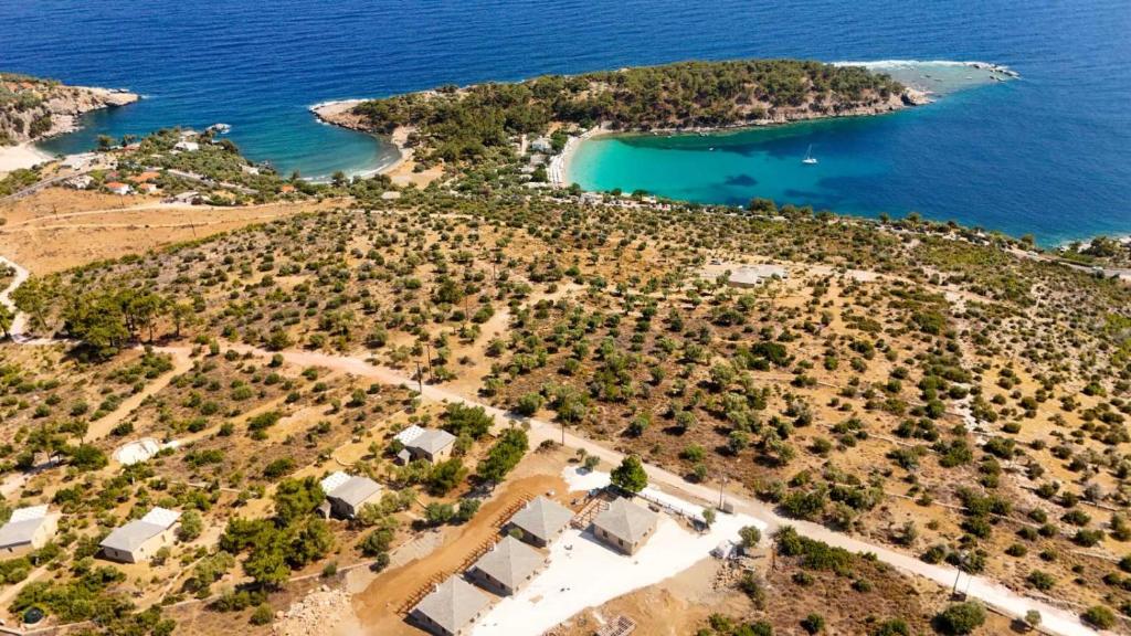 an aerial view of an island in the ocean at Alyki Stone House 2 in Alyki