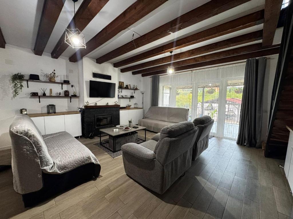 a living room with a couch and chairs and a tv at Cozy Lake House in Cinciş