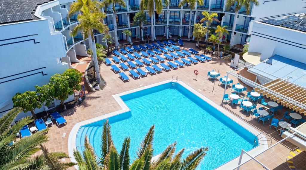 an overhead view of a pool with chairs and umbrellas at BLUESEA Jandia Luz in Morro del Jable