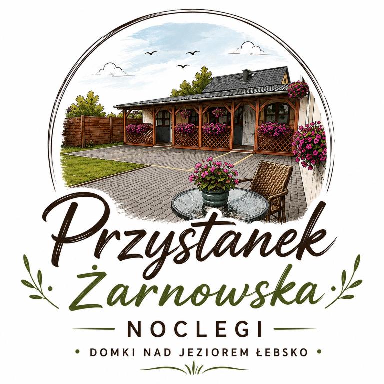 a sign for a backyard yard with a house at Przystanek Żarnowska Domki in Żarnowska