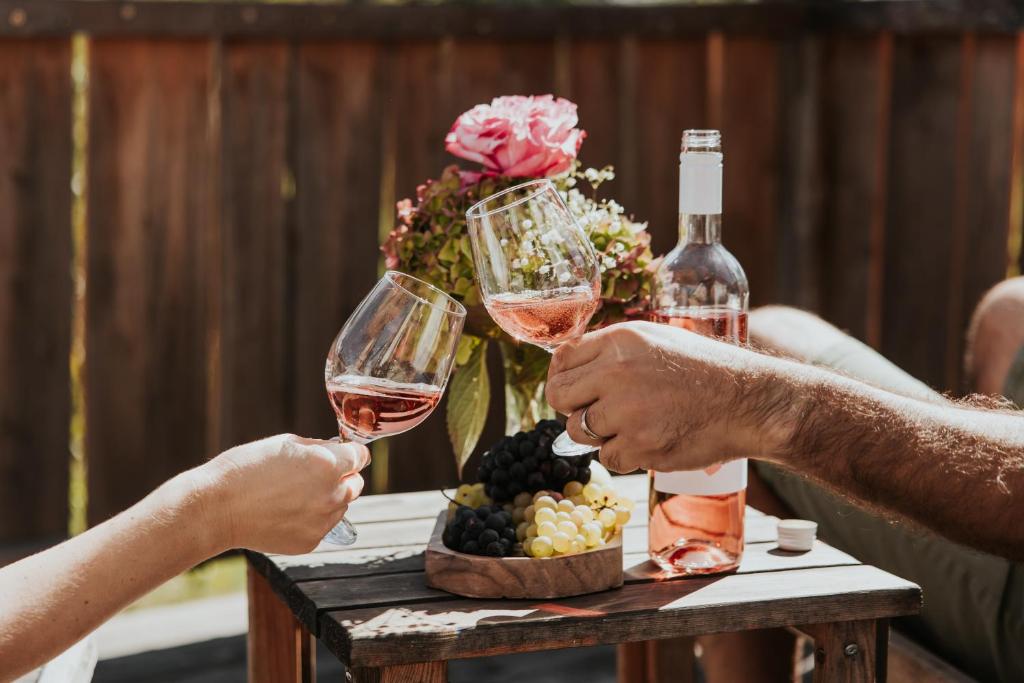 two people holding wine glasses on a table with wine bottles at RANČ JUREŠ - Relaxing Countryside Escape in Ljutomer