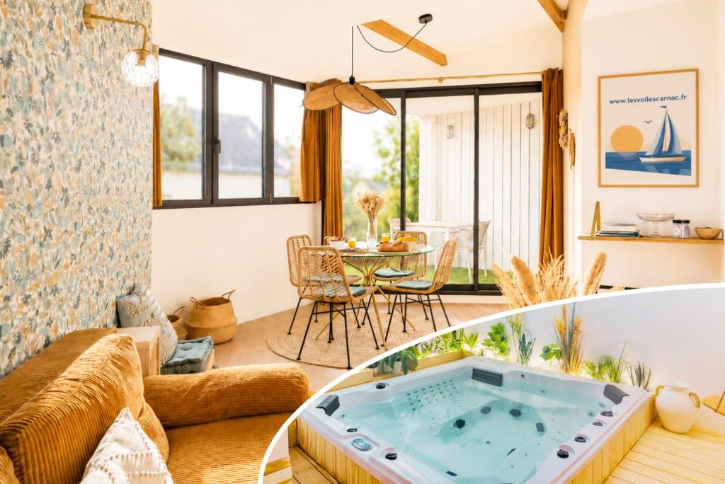 a living room with a jacuzzi tub in the middle at Appart'Hôtel & Spa "Les Voiles" Le Brehat in Carnac