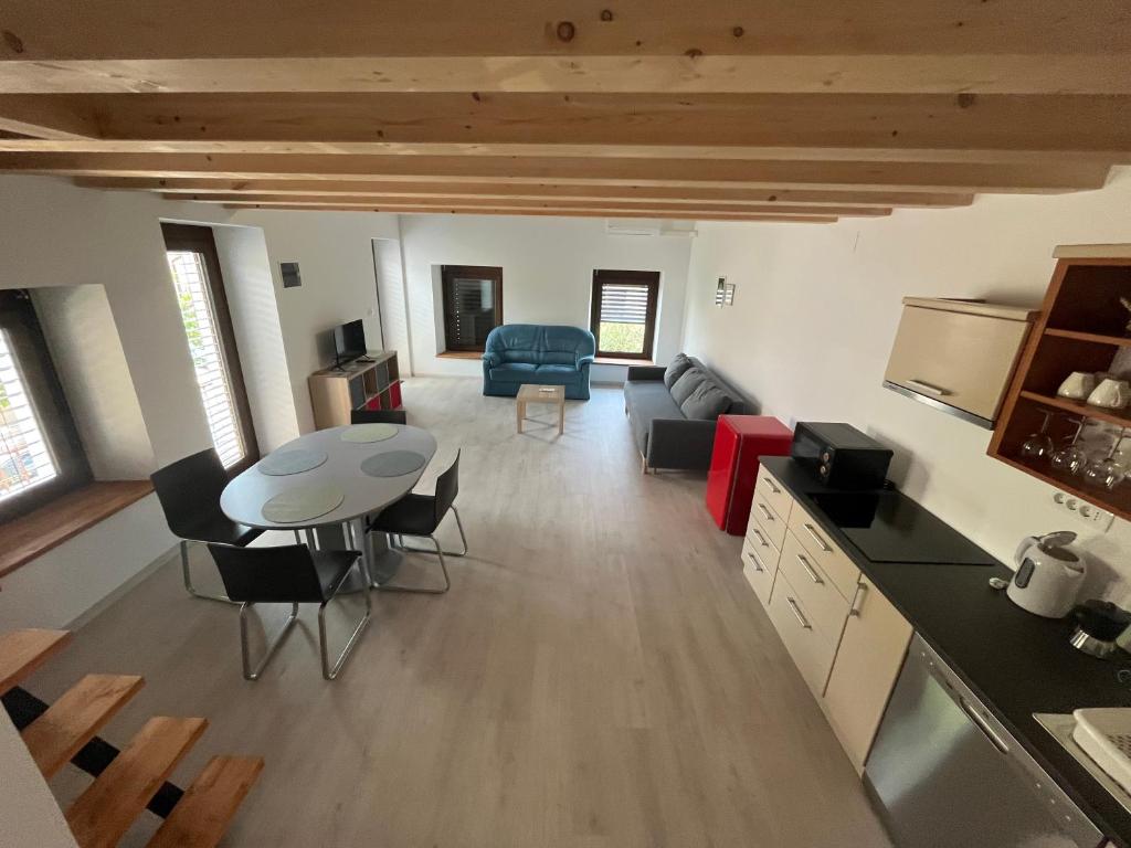 a kitchen and living room with a table and chairs at Apartma OLJKA in Črniče