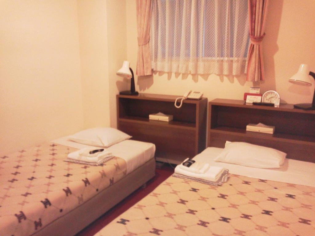 a bedroom with two beds and a window and a rug at Hotel Yanagibashi in Tokyo