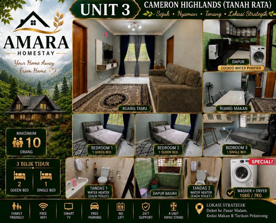 a collage of pictures of a room with a couch at Amara Homestay Cameron Highlands in Cameron Highlands