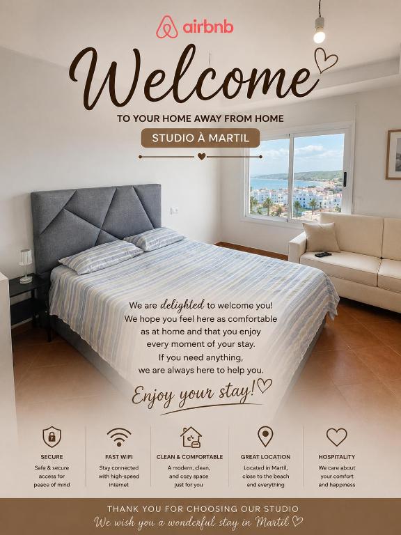 a poster of a bedroom with a bed and a couch at STUDIO FOR 3 PERSON & ANOTHER FOR 4 PERSON - MIRAMAR MARTIL ll in Martil