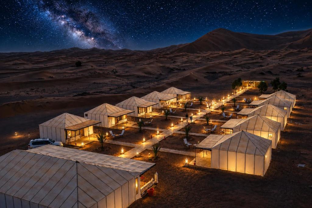 an aerial view of a cluster of buildings in the desert at night at Sinbad Merzouga Camp in Merzouga