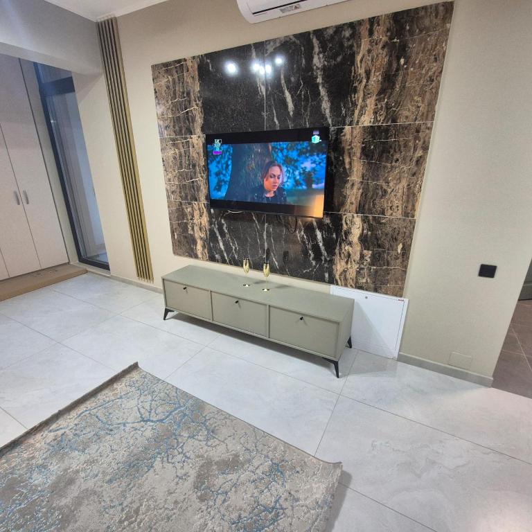 a living room with a tv on a stone wall at Dana Residence in Floreşti