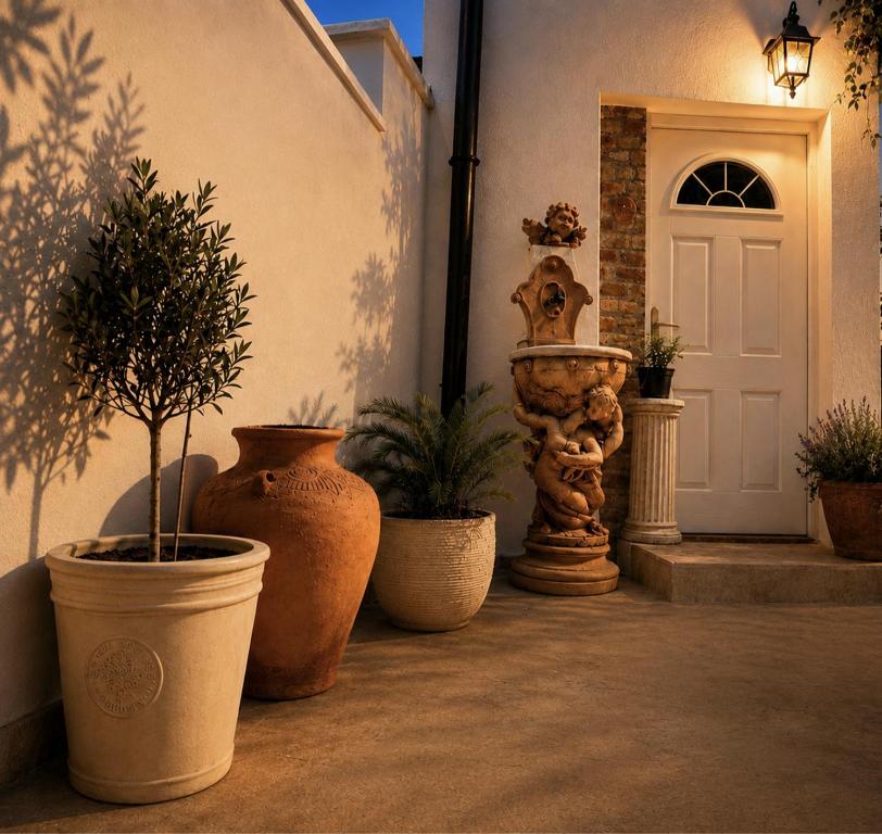 a group of potted plants in front of a door at Casa Fotografului in Constanţa