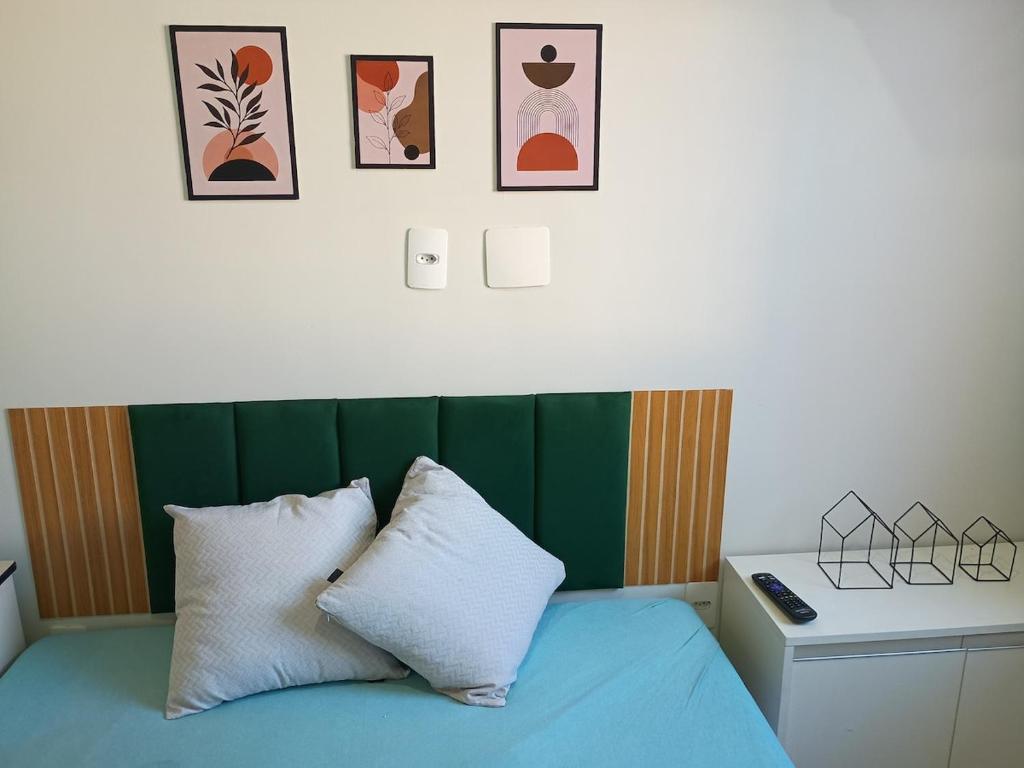 a bed with two pillows and a green headboard at Parque Ecológico - Studio 3 - Térreo in Indaiatuba