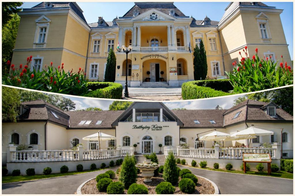 a collage of three pictures of a mansion at Batthyány Kastélyszálló in Zalacsány