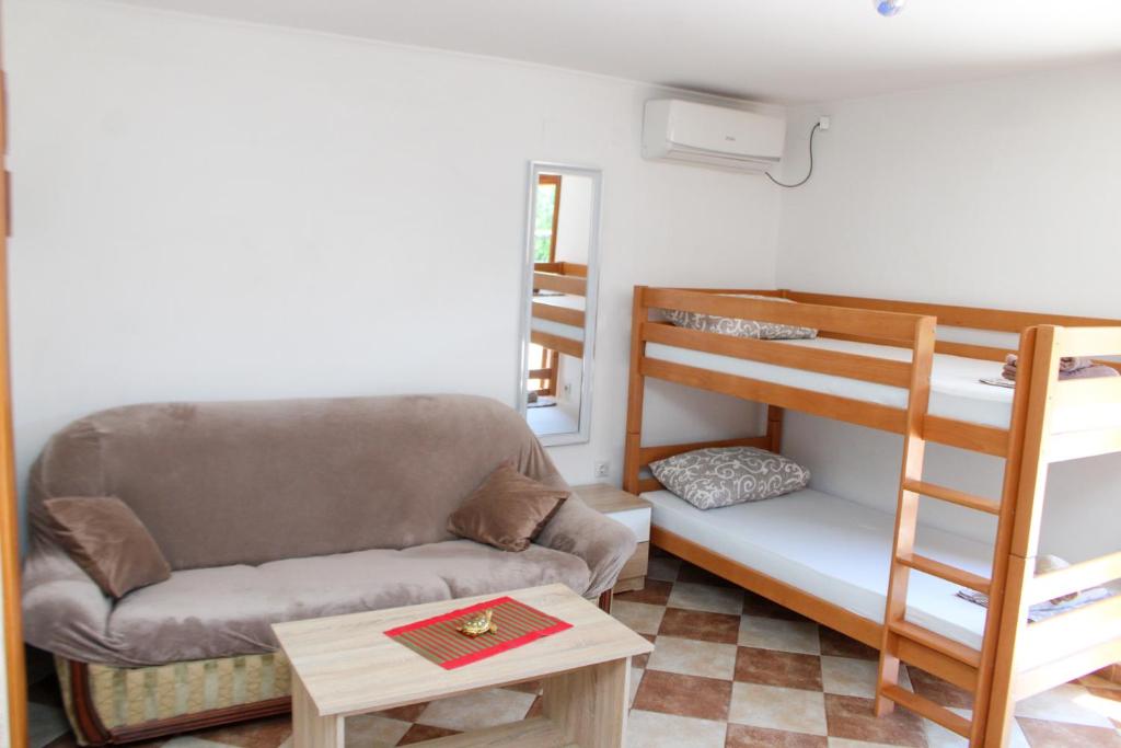a living room with a couch and a bunk bed at Bellora Studio House in Donja Jošica
