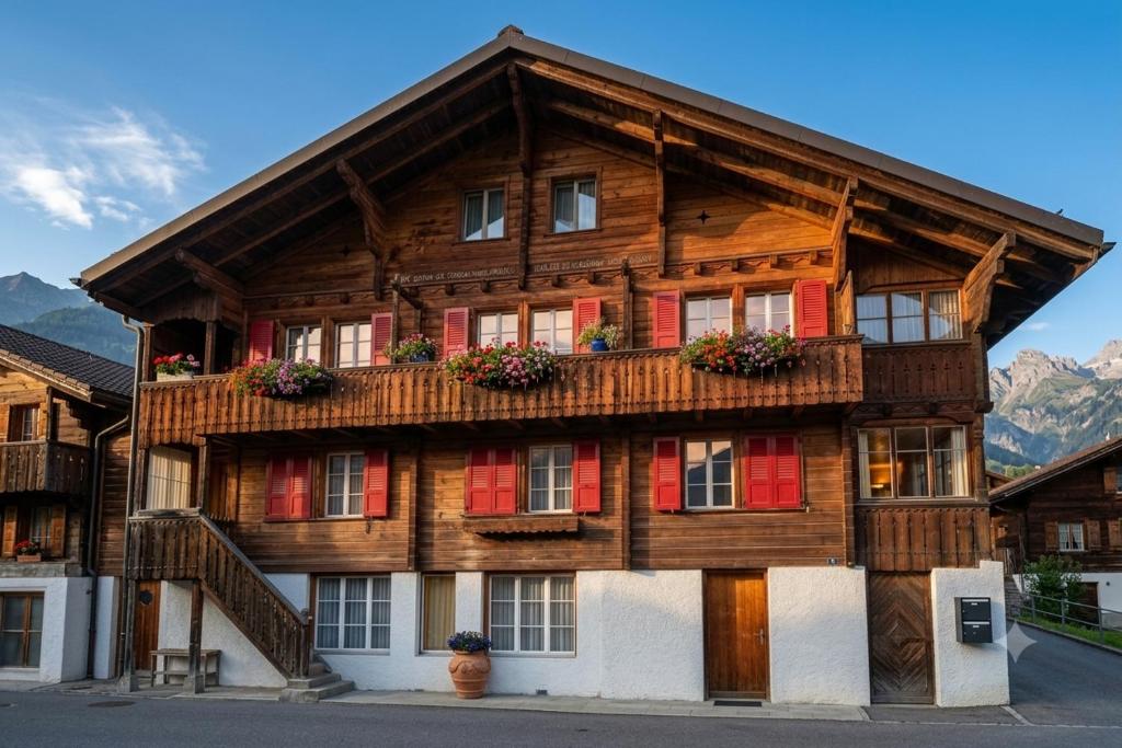 a wooden house with red doors and windows at Ferien im Paradies - Zwischen Bergen & Seen in Brienzwiler