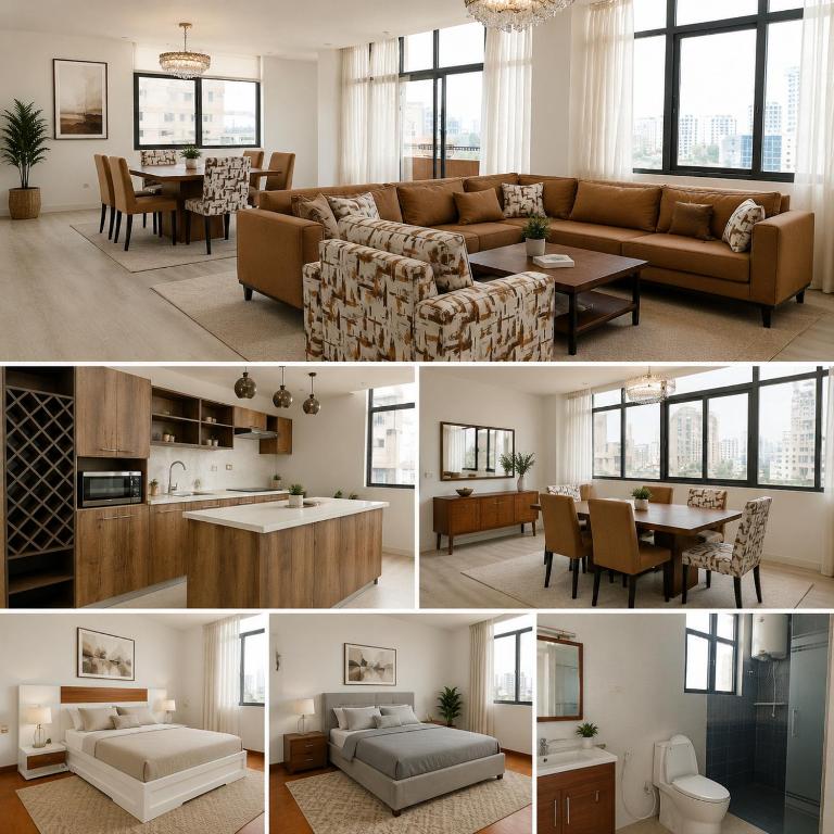 four images of a living room and dining room at 19&G Apt in Addis Ababa