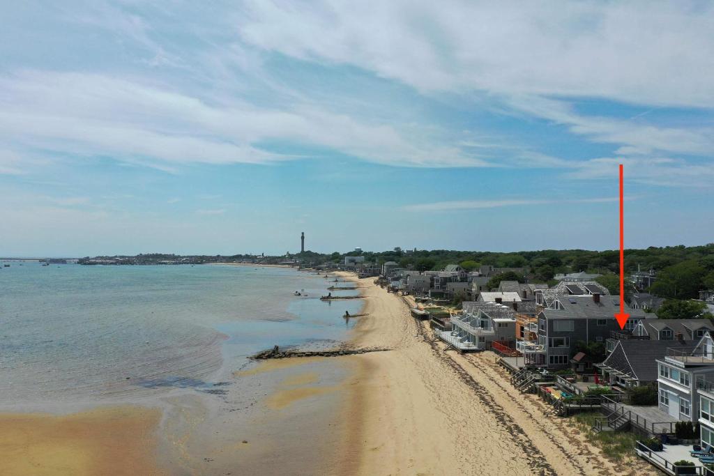 an aerial view of a beach with a red rectangle at Beachfront on Commercial St Dog Friendly in Provincetown