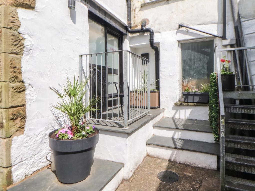 a porch with potted plants on the side of a building at Hidden Gem in Windermere