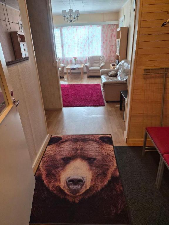 a dog rug on the floor of a living room at MiniMani House with Sauna in Sorsakoski