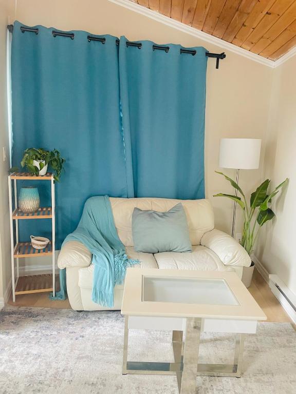 a living room with a couch and a blue curtain at Separate guest suite in Lower Sackville