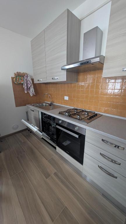 a kitchen with a stove and a sink at Appartamento al Quadrato in Lorenzago