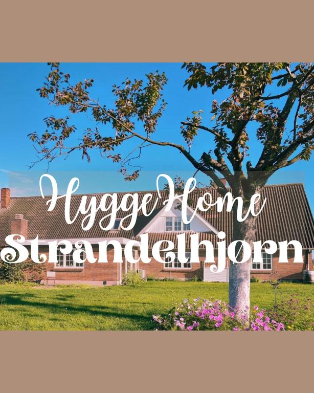 a sign in front of a building with a tree at HyggeHome Strandelhjørn in Vojens