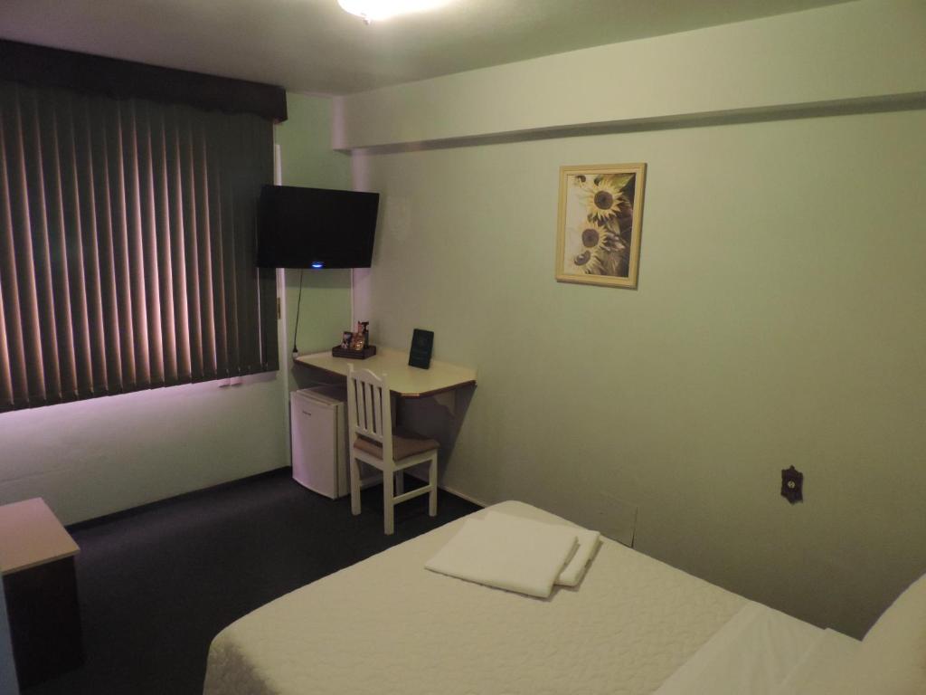 Habitación de hotel con cama y escritorio con ordenador en Hotel Demarchi en Rio do Sul