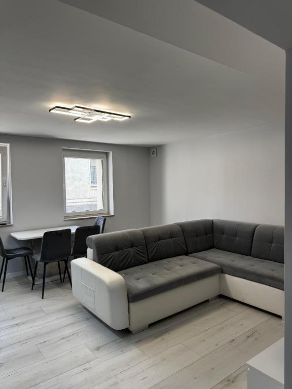 a living room with a couch and a table at Apartament Powidz in Powidz