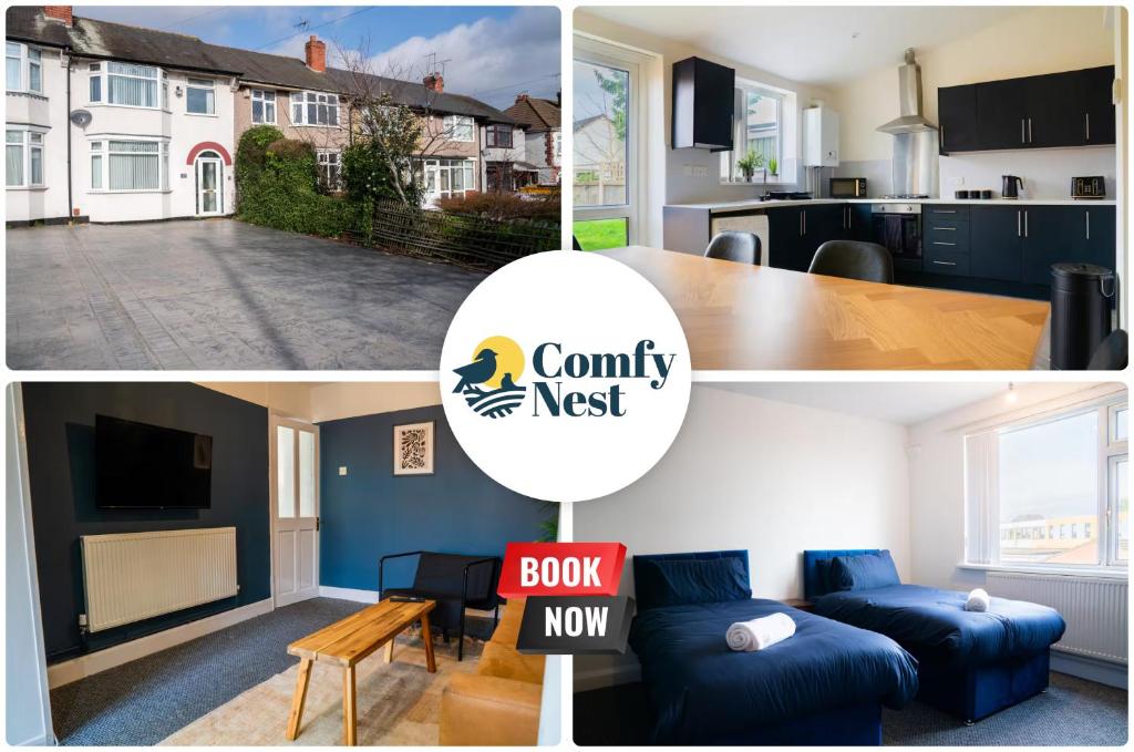 a collage of pictures of a kitchen and a living room at 4 BD Sleeps 7 Parking WiFi in Coventry