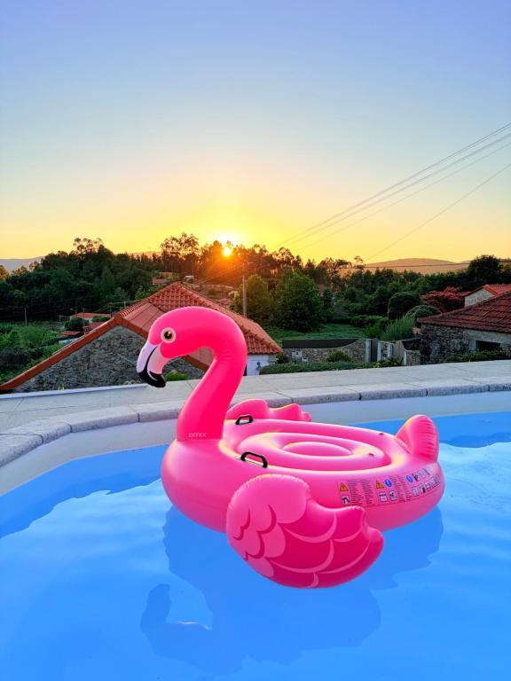 a pink flamingo float in a pool with the sunset at CASA DO CONDE MONTIER in Paredes de Coura